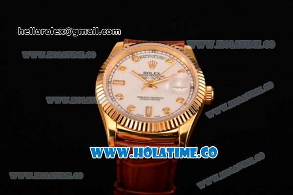 Rolex Day-Date Asia 2813/Swiss ETA 2836/Clone Rolex 3135 Automatic Yellow Gold Case with White Dial and Diamonds Markers (BP) - Click Image to Close
